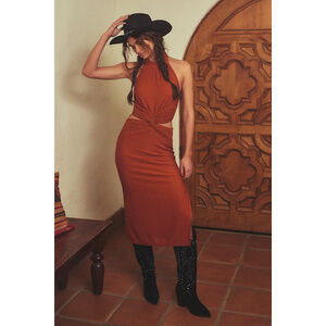 Lulus Poised Attitude Rust Orange Halter Cutout Twist-front Midi Dress - Size M